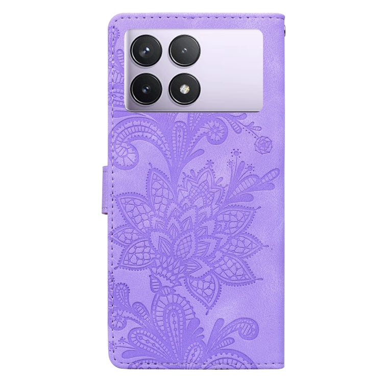For Redmi K70E / Poco X6 Pro Lace Floral Embossed Magnetic Buckle PU Phone Case With Wrist Strap