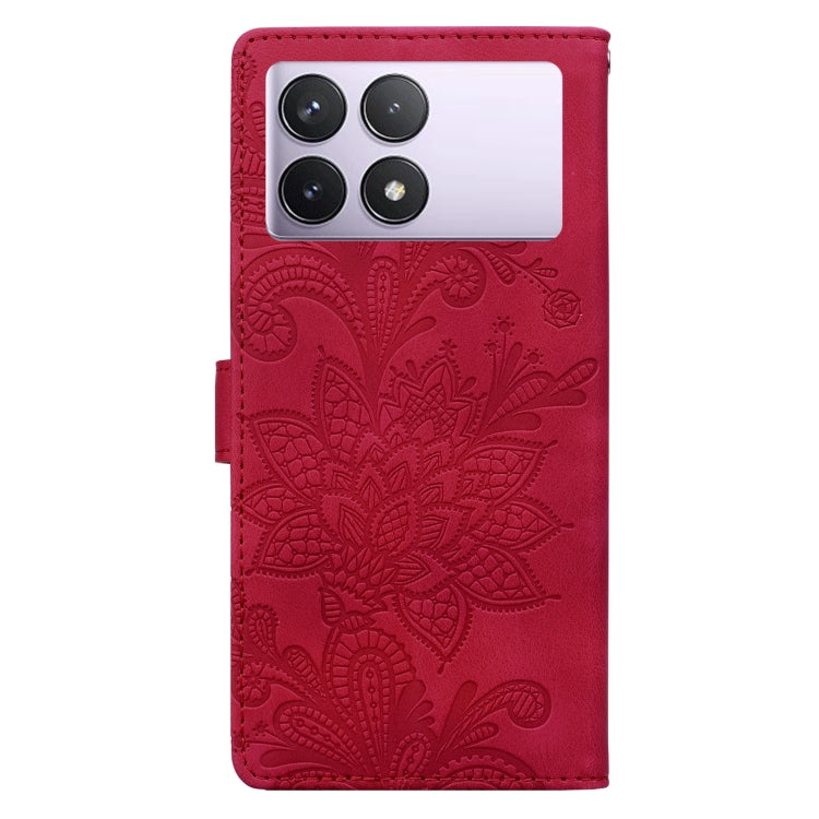 For Redmi K70E / Poco X6 Pro Lace Floral Embossed Magnetic Buckle PU Phone Case With Wrist Strap