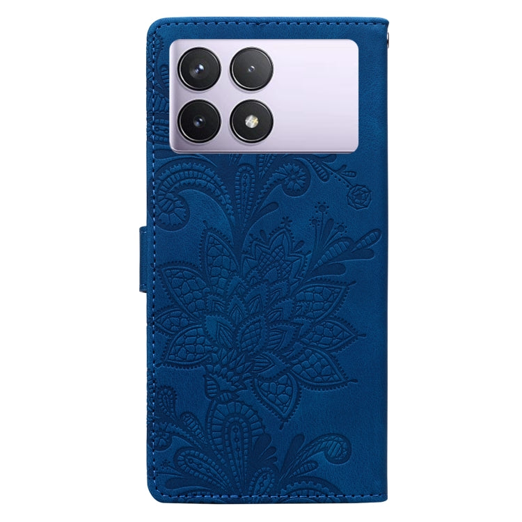 For Redmi K70E / Poco X6 Pro Lace Floral Embossed Magnetic Buckle PU Phone Case With Wrist Strap