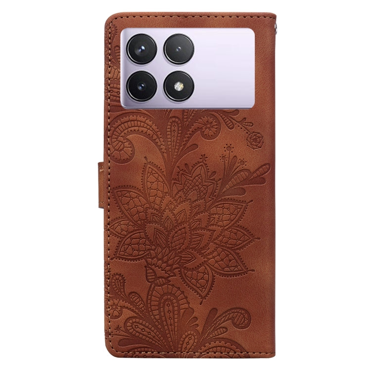 For Redmi K70E / Poco X6 Pro Lace Floral Embossed Magnetic Buckle PU Phone Case With Wrist Strap