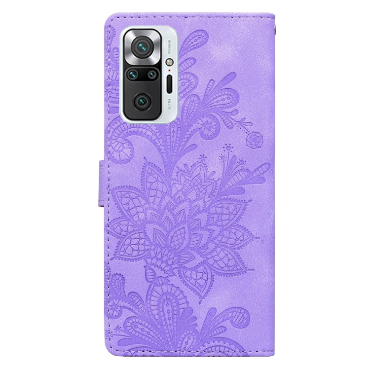 For Redmi Note 10 Pro 4G Lace Floral Embossed Magnetic Buckle PU Phone Case With Wrist Strap