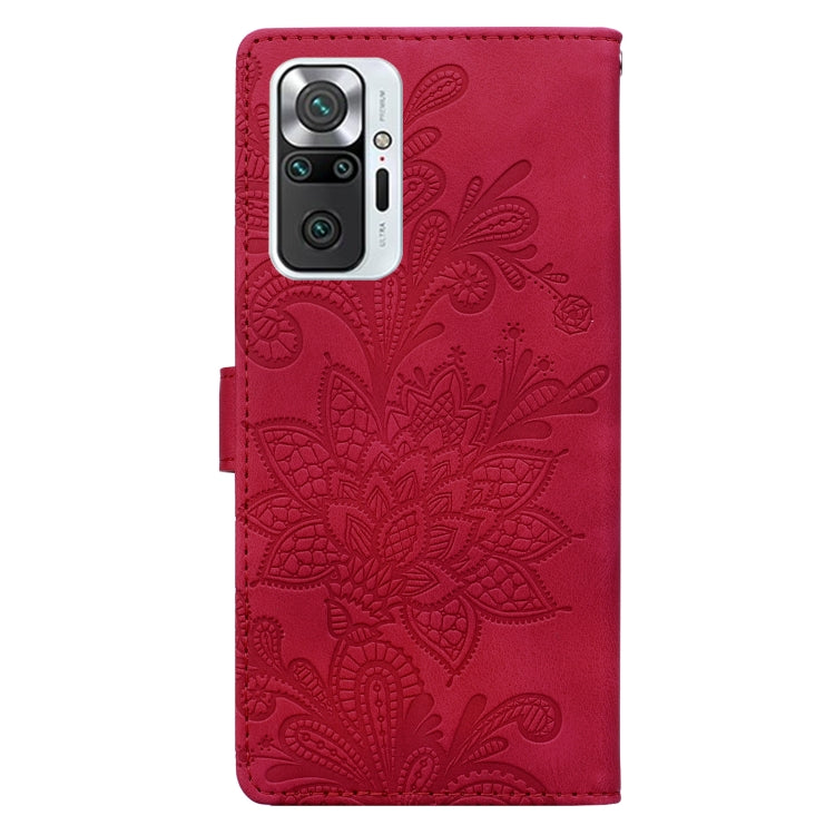 For Redmi Note 10 Pro 4G Lace Floral Embossed Magnetic Buckle PU Phone Case With Wrist Strap