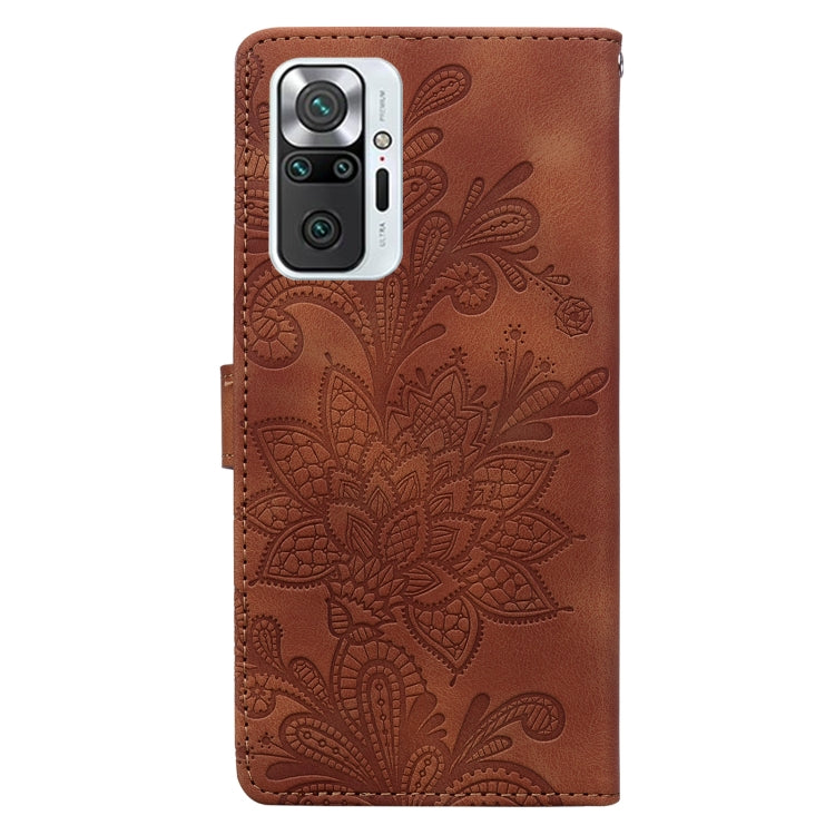 For Redmi Note 10 Pro 4G Lace Floral Embossed Magnetic Buckle PU Phone Case With Wrist Strap