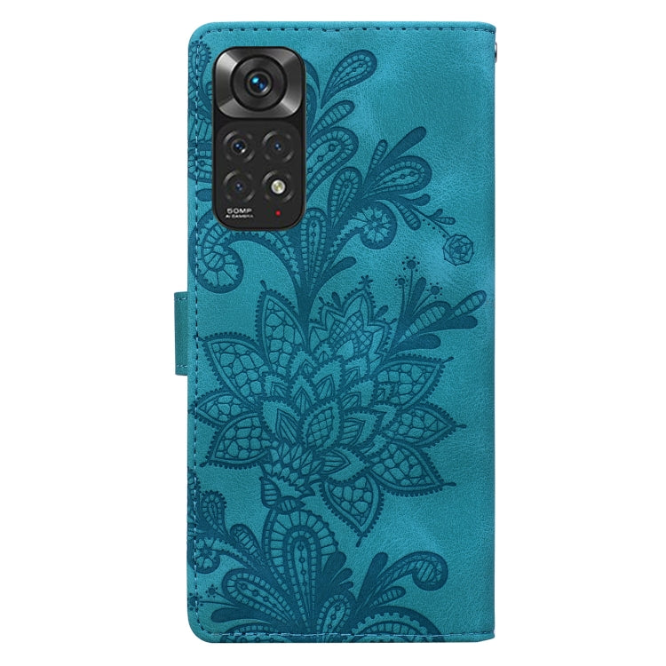 For Redmi Note 11 Global Lace Floral Embossed Magnetic Buckle PU Phone Case With Wrist Strap