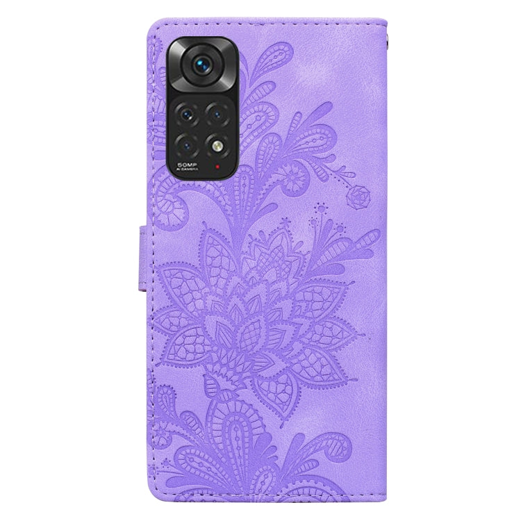 For Redmi Note 11 Global Lace Floral Embossed Magnetic Buckle PU Phone Case With Wrist Strap