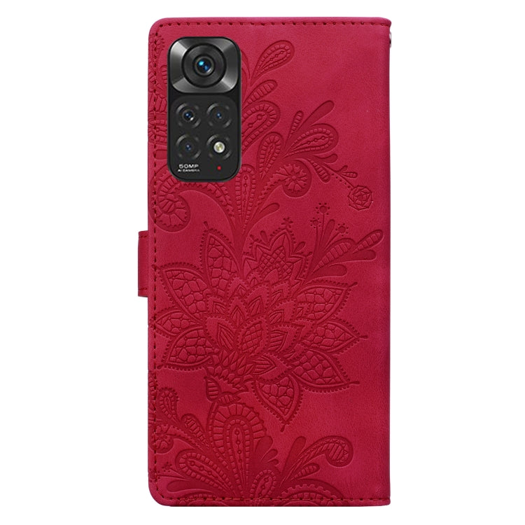 For Redmi Note 11 Global Lace Floral Embossed Magnetic Buckle PU Phone Case With Wrist Strap