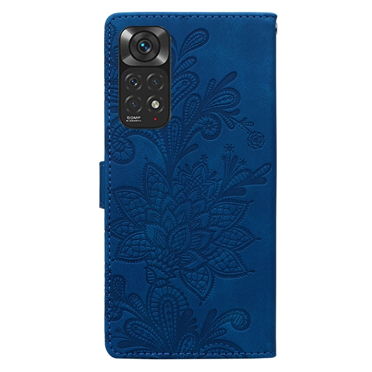 For Redmi Note 11 Global Lace Floral Embossed Magnetic Buckle PU Phone Case With Wrist Strap