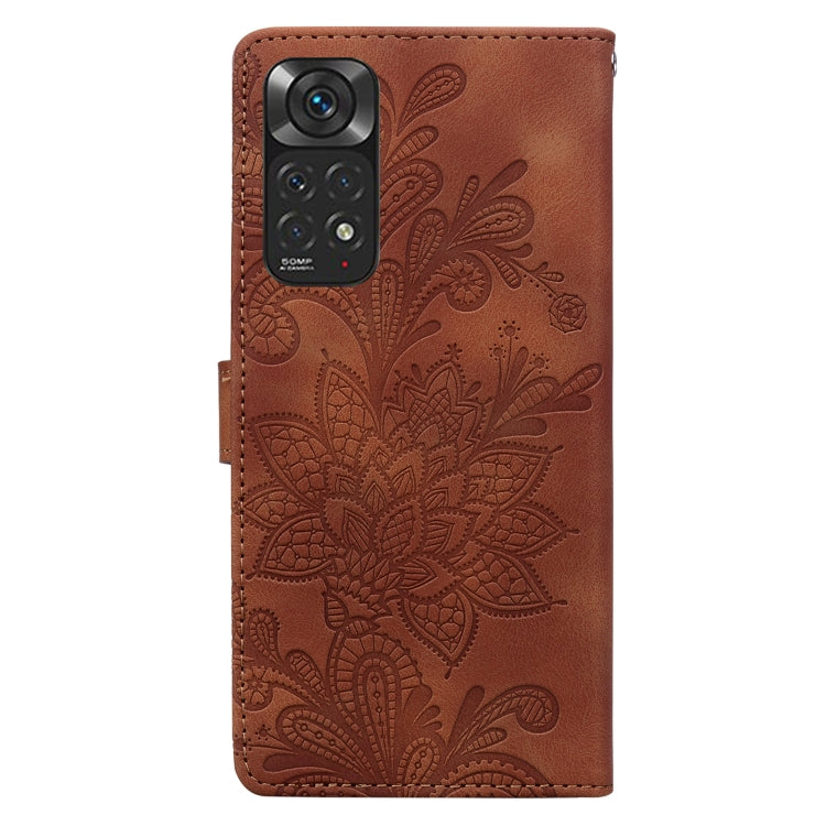 For Redmi Note 11 Global Lace Floral Embossed Magnetic Buckle PU Phone Case With Wrist Strap