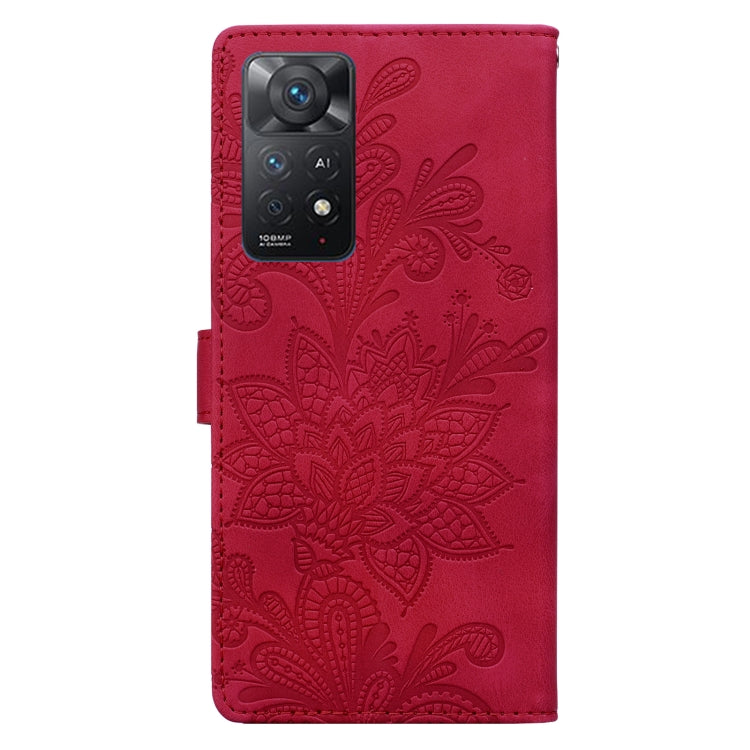 For Redmi Note 11 Pro 5G Lace Floral Embossed Magnetic Buckle PU Phone Case With Wrist Strap