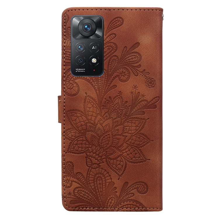For Redmi Note 11 Pro 5G Lace Floral Embossed Magnetic Buckle PU Phone Case With Wrist Strap