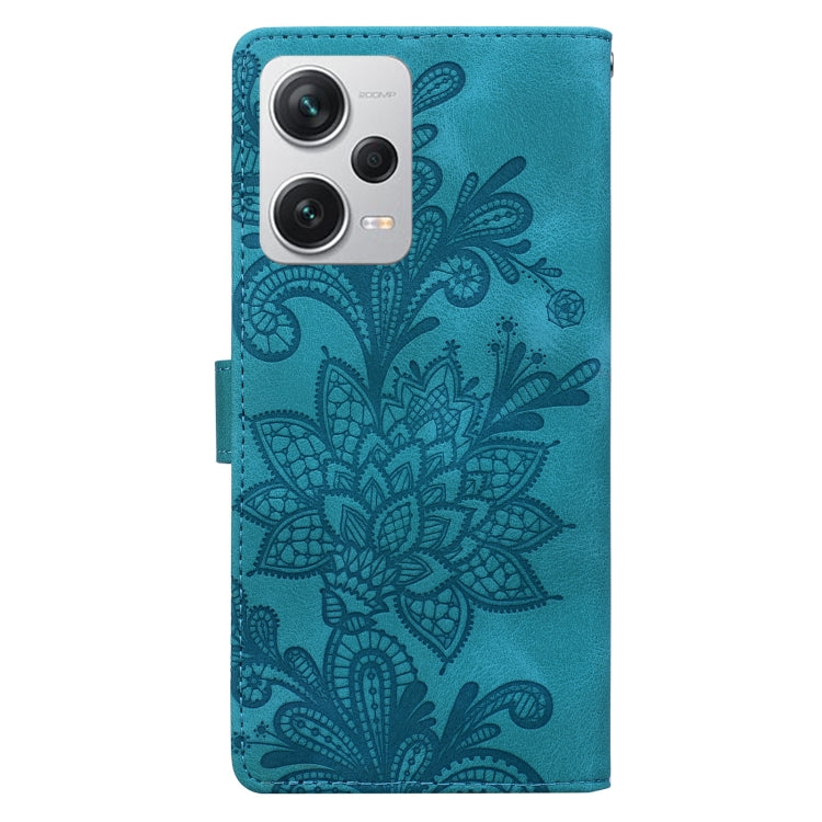 For Redmi Note 12 Pro+ 5G Global Lace Floral Embossed Magnetic Buckle PU Phone Case With Wrist Strap