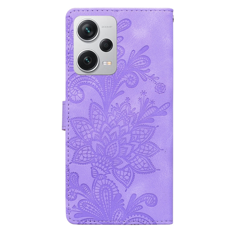 For Redmi Note 12 Pro+ 5G Global Lace Floral Embossed Magnetic Buckle PU Phone Case With Wrist Strap