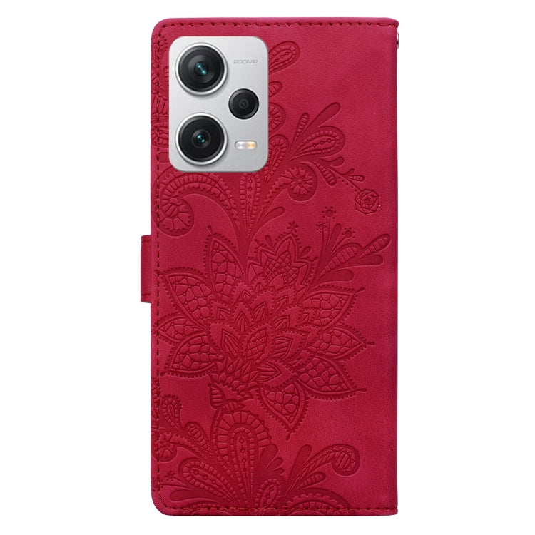 For Redmi Note 12 Pro+ 5G Global Lace Floral Embossed Magnetic Buckle PU Phone Case With Wrist Strap