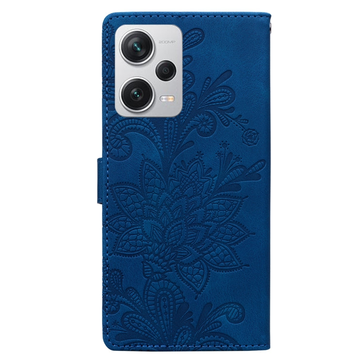 For Redmi Note 12 Pro+ 5G Global Lace Floral Embossed Magnetic Buckle PU Phone Case With Wrist Strap