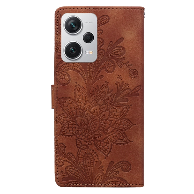 For Redmi Note 12 Pro+ 5G Global Lace Floral Embossed Magnetic Buckle PU Phone Case With Wrist Strap