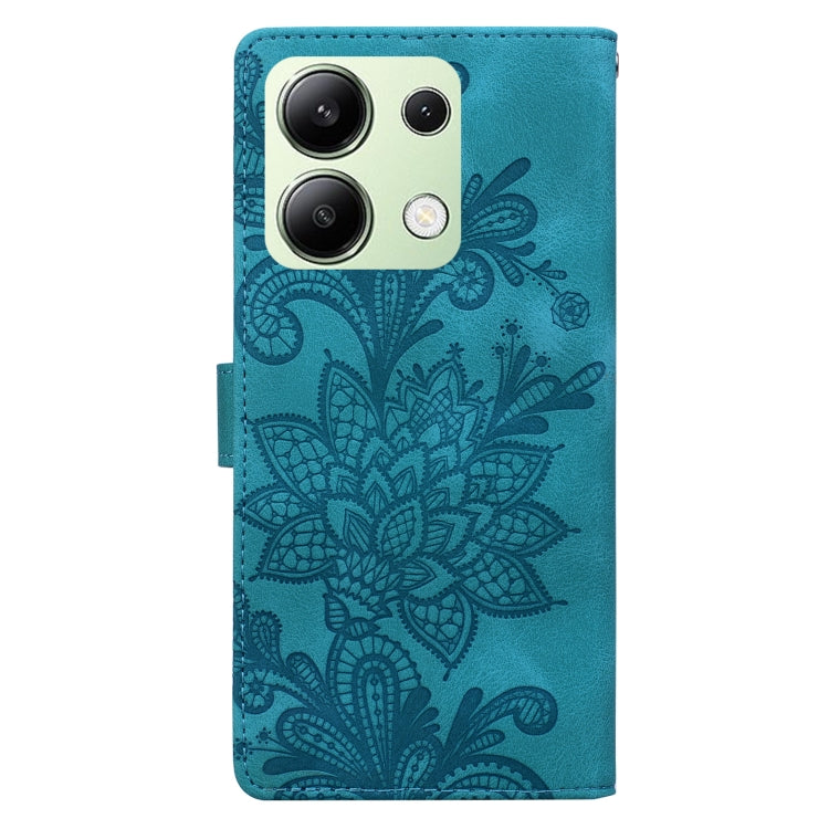 For Redmi Note 13 4G Lace Floral Embossed Magnetic Buckle PU Phone Case With Wrist Strap