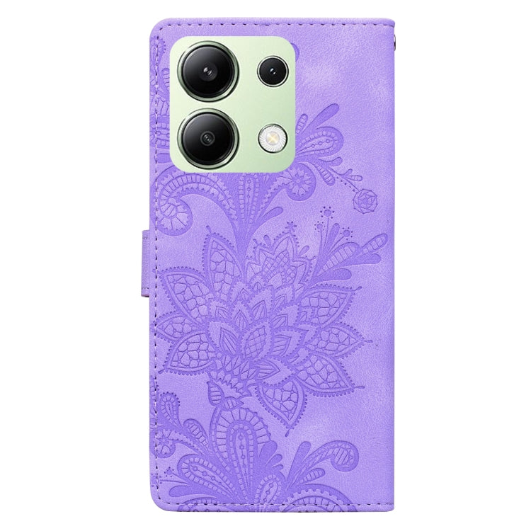 For Redmi Note 13 4G Lace Floral Embossed Magnetic Buckle PU Phone Case With Wrist Strap