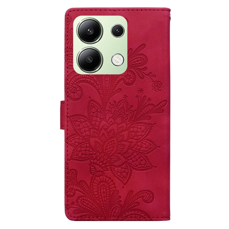 For Redmi Note 13 4G Lace Floral Embossed Magnetic Buckle PU Phone Case With Wrist Strap