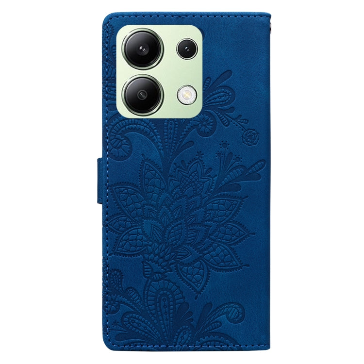 For Redmi Note 13 4G Lace Floral Embossed Magnetic Buckle PU Phone Case With Wrist Strap