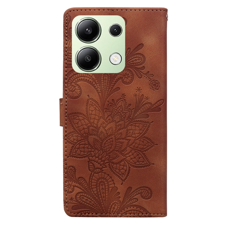 For Redmi Note 13 4G Lace Floral Embossed Magnetic Buckle PU Phone Case With Wrist Strap