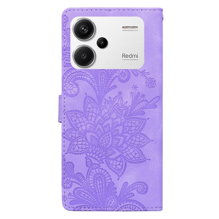 For Redmi Note 13 Pro+ Lace Floral Embossed Magnetic Buckle PU Phone Case With Wrist Strap