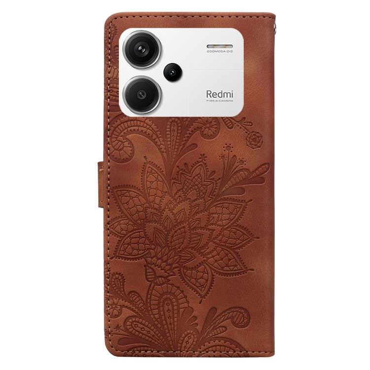 For Redmi Note 13 Pro+ Lace Floral Embossed Magnetic Buckle PU Phone Case With Wrist Strap