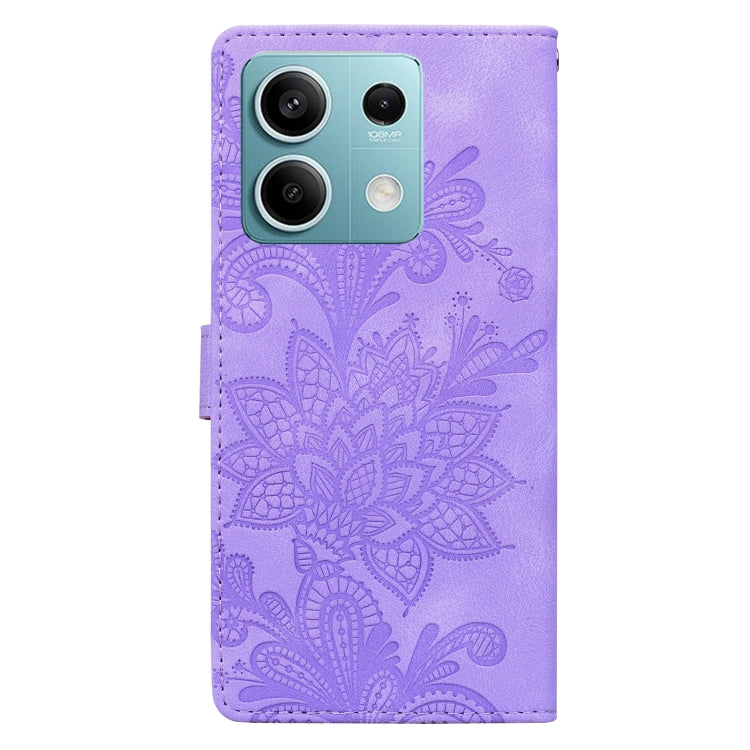 For Redmi Note 14 4G Lace Floral Embossed Magnetic Buckle PU Phone Case With Wrist Strap