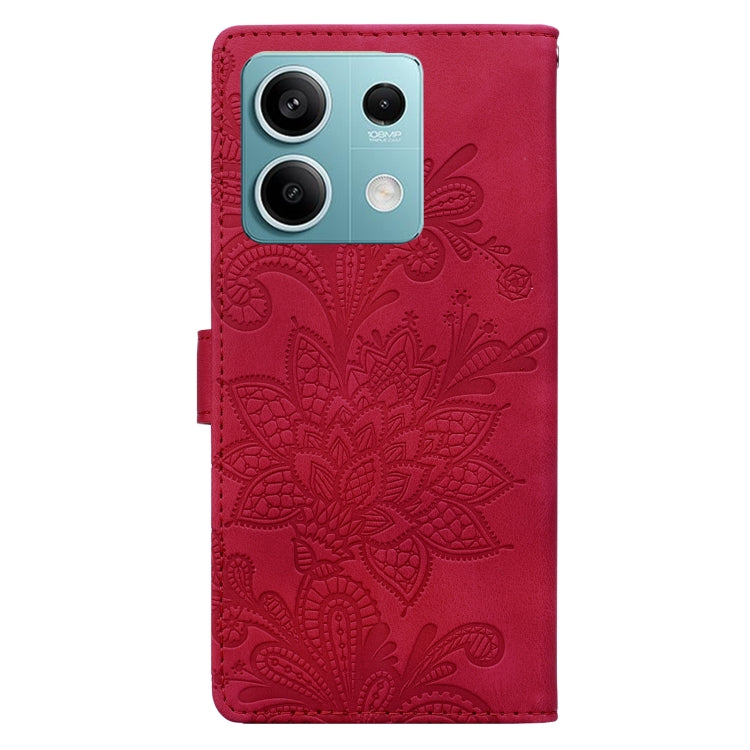 For Redmi Note 14 4G Lace Floral Embossed Magnetic Buckle PU Phone Case With Wrist Strap