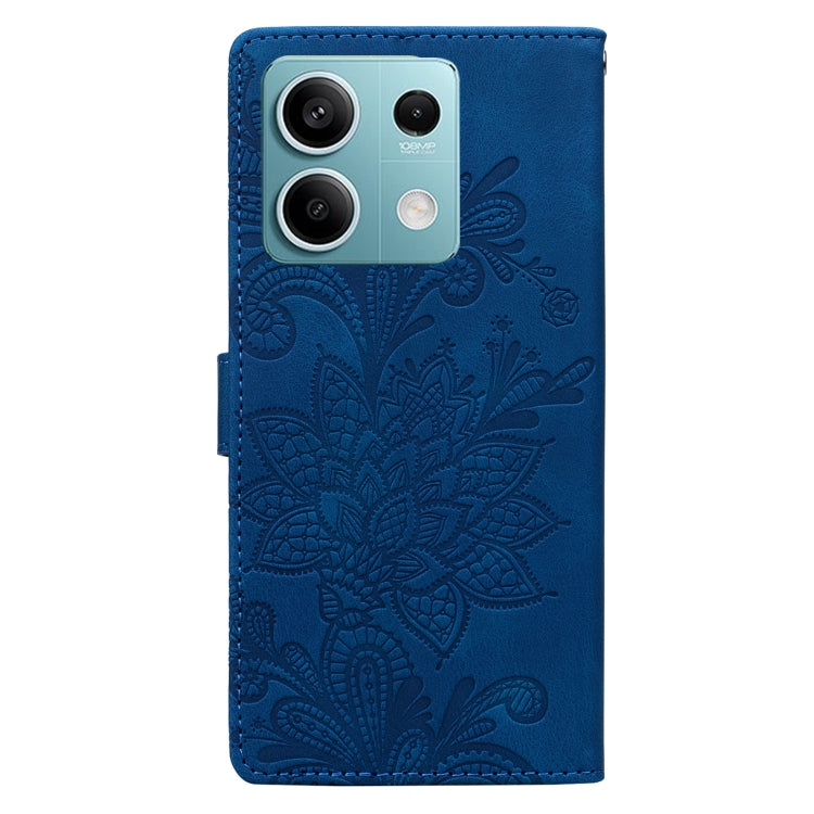 For Redmi Note 14 4G Lace Floral Embossed Magnetic Buckle PU Phone Case With Wrist Strap