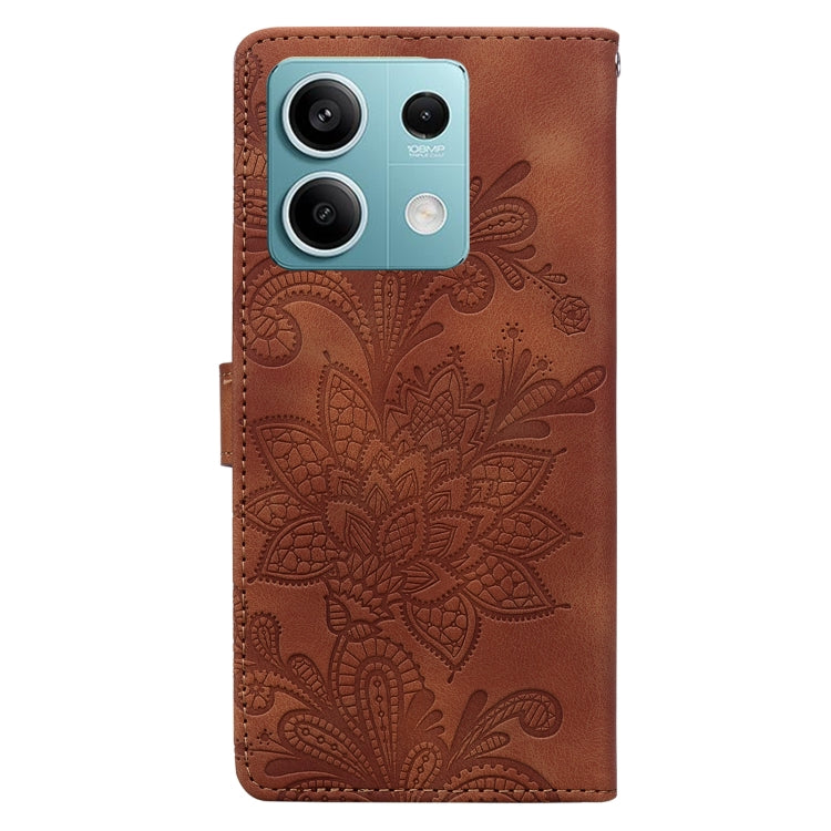For Redmi Note 14 4G Lace Floral Embossed Magnetic Buckle PU Phone Case With Wrist Strap