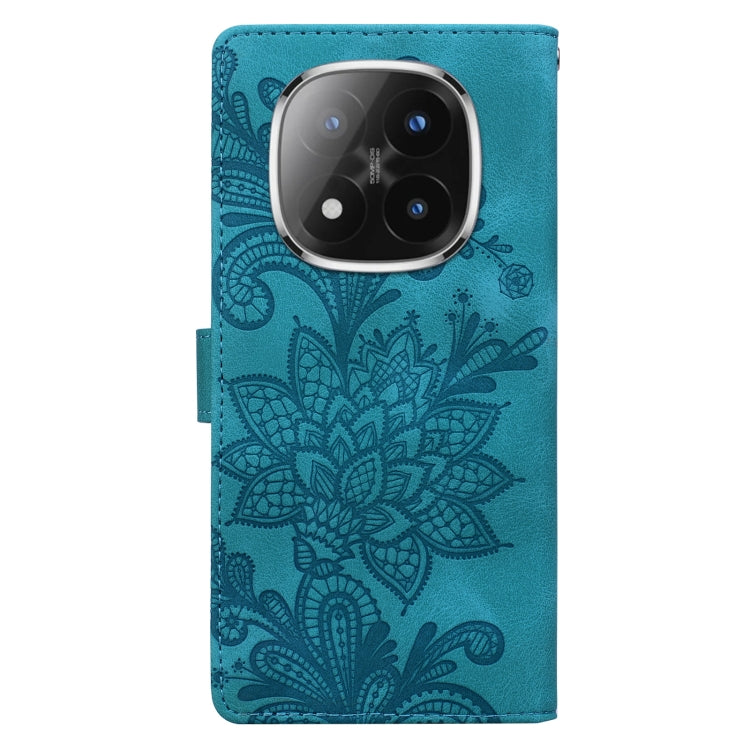 For Redmi Note 14 Pro 5G Lace Floral Embossed Magnetic Buckle PU Phone Case With Wrist Strap