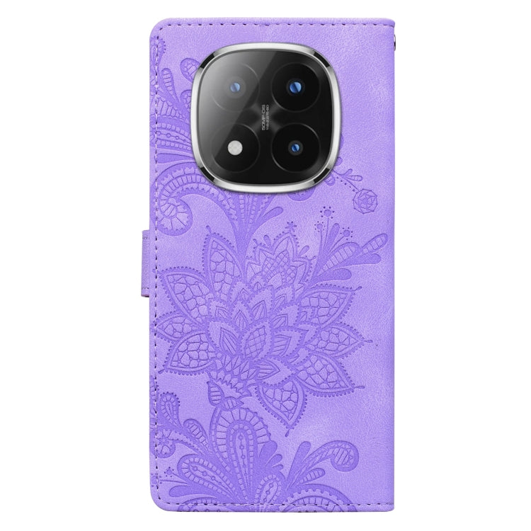 For Redmi Note 14 Pro 5G Lace Floral Embossed Magnetic Buckle PU Phone Case With Wrist Strap