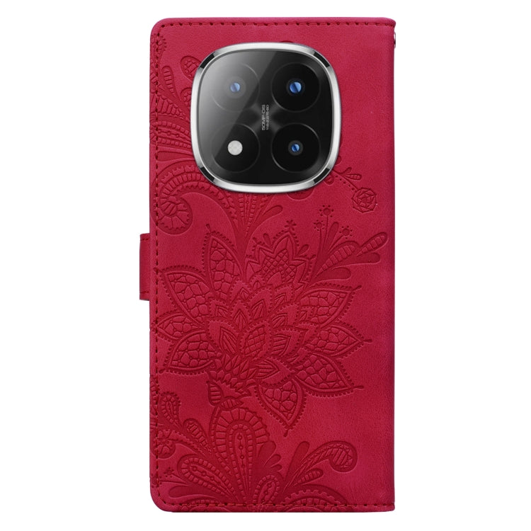 For Redmi Note 14 Pro 5G Lace Floral Embossed Magnetic Buckle PU Phone Case With Wrist Strap