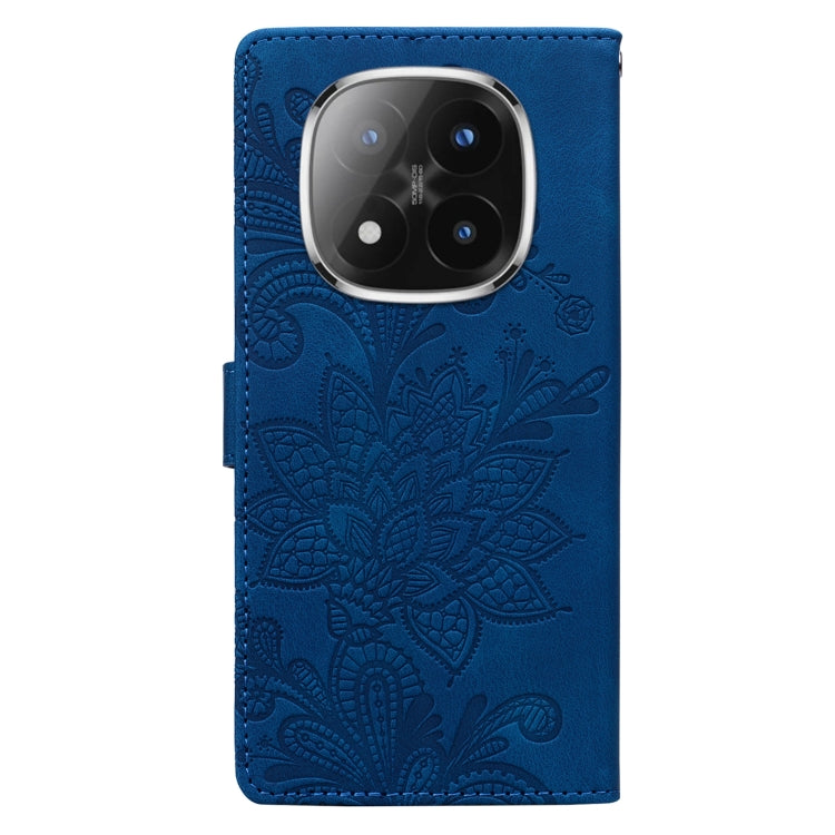 For Redmi Note 14 Pro 5G Lace Floral Embossed Magnetic Buckle PU Phone Case With Wrist Strap