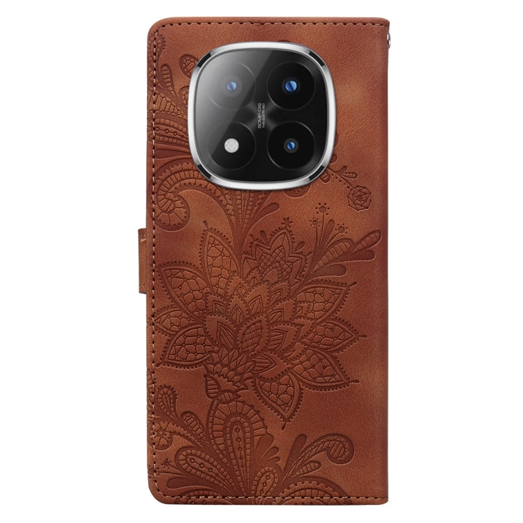 For Redmi Note 14 Pro 5G Lace Floral Embossed Magnetic Buckle PU Phone Case With Wrist Strap