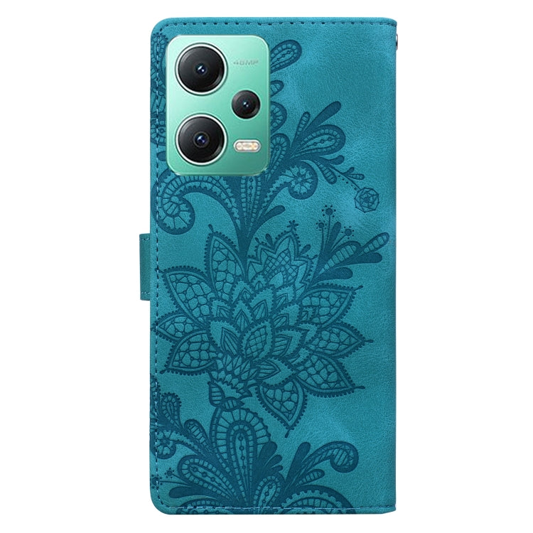For Redmi Note 12 5G Global Lace Floral Embossed Magnetic Buckle PU Phone Case With Wrist Strap