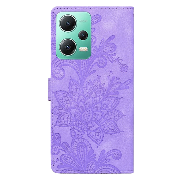 For Redmi Note 12 5G Global Lace Floral Embossed Magnetic Buckle PU Phone Case With Wrist Strap
