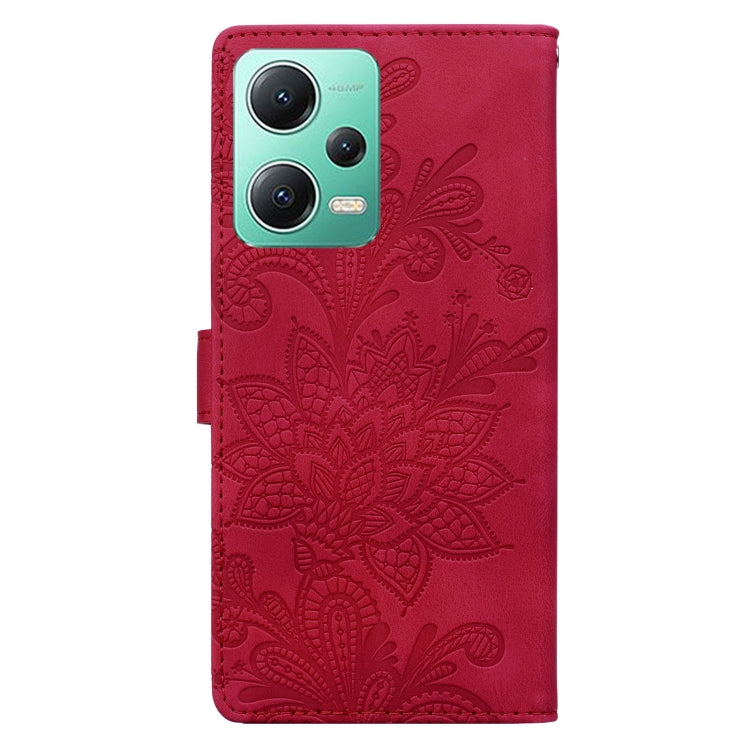 For Redmi Note 12 5G Global Lace Floral Embossed Magnetic Buckle PU Phone Case With Wrist Strap