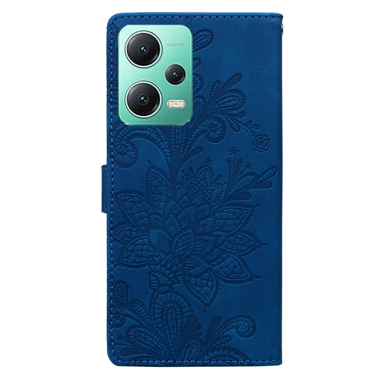 For Redmi Note 12 5G Global Lace Floral Embossed Magnetic Buckle PU Phone Case With Wrist Strap
