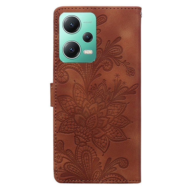 For Redmi Note 12 5G Global Lace Floral Embossed Magnetic Buckle PU Phone Case With Wrist Strap