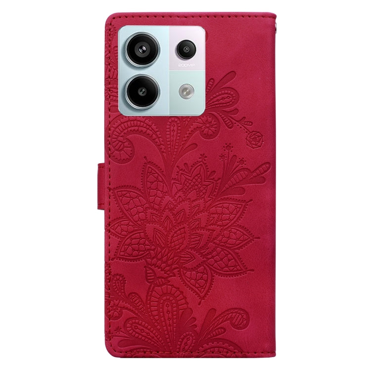 For Redmi Note 13 Pro 4G Lace Floral Embossed Magnetic Buckle PU Phone Case With Wrist Strap