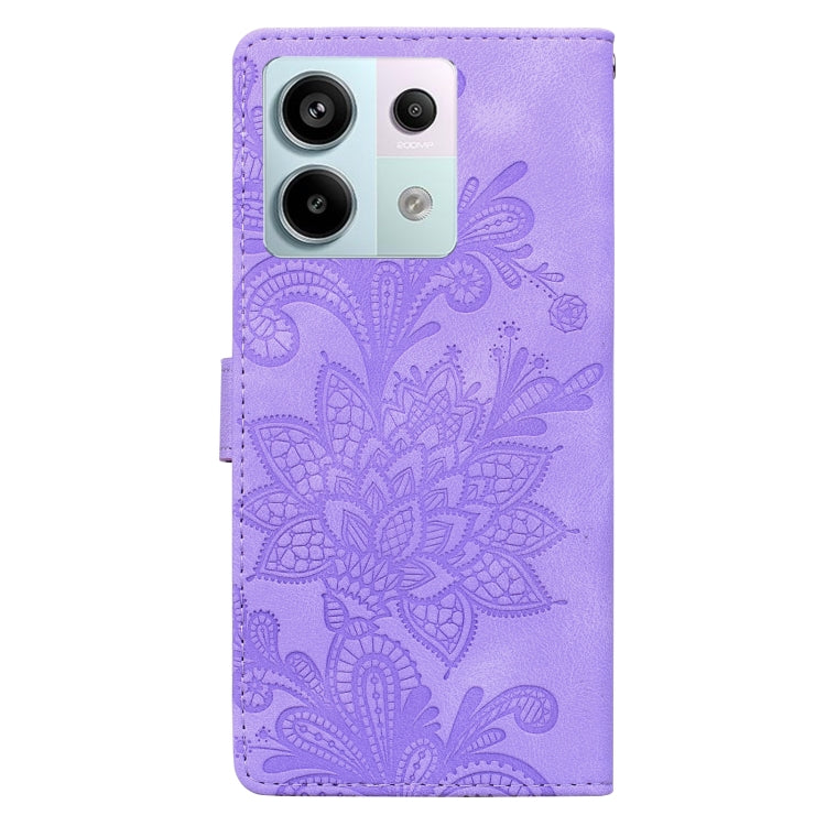 For Redmi Note 13 Pro 5G Lace Floral Embossed Magnetic Buckle PU Phone Case With Wrist Strap