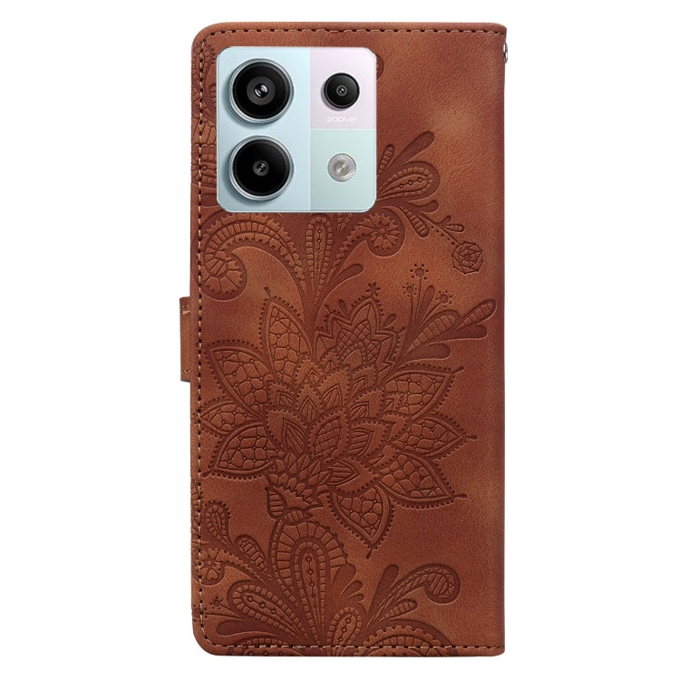 For Redmi Note 13 Pro 5G Lace Floral Embossed Magnetic Buckle PU Phone Case With Wrist Strap