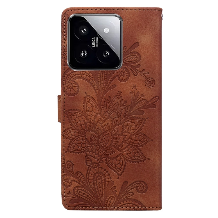 For Xiaomi 14 Lace Floral Embossed Magnetic Buckle PU Phone Case With Wrist Strap