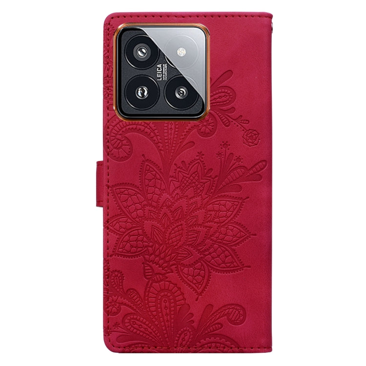 For Xiaomi 14 Pro Lace Floral Embossed Magnetic Buckle PU Phone Case With Wrist Strap