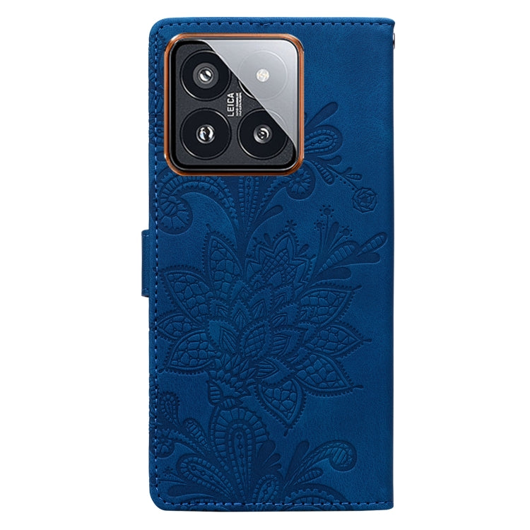For Xiaomi 14 Pro Lace Floral Embossed Magnetic Buckle PU Phone Case With Wrist Strap