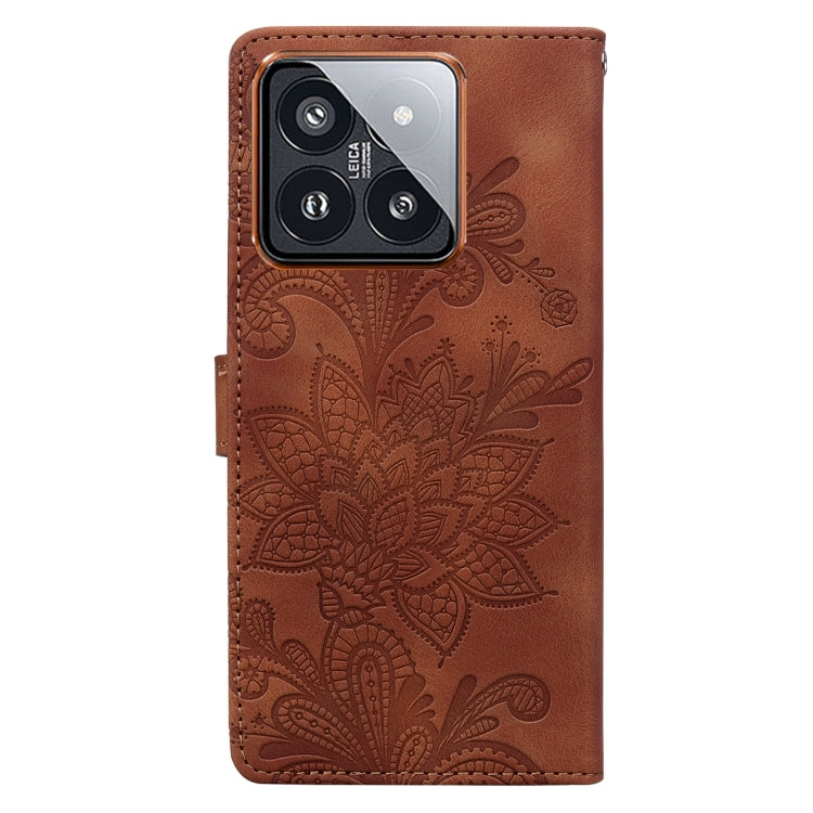For Xiaomi 14 Pro Lace Floral Embossed Magnetic Buckle PU Phone Case With Wrist Strap
