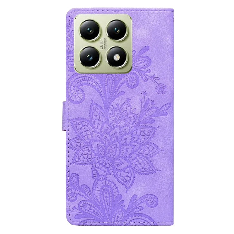 For Xiaomi 14T Lace Floral Embossed Magnetic Buckle PU Phone Case With Wrist Strap