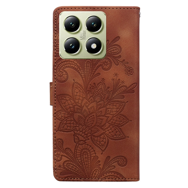 For Xiaomi 14T Lace Floral Embossed Magnetic Buckle PU Phone Case With Wrist Strap