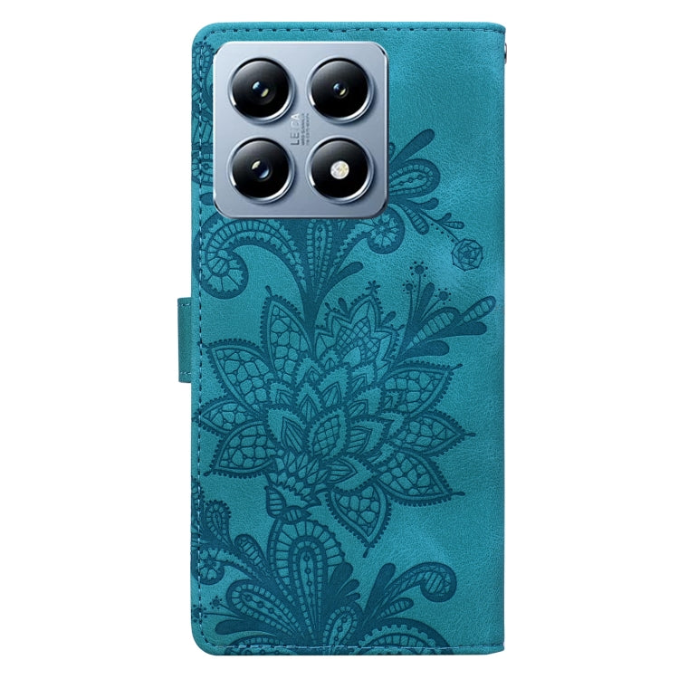 For Xiaomi 14T Pro Lace Floral Embossed Magnetic Buckle PU Phone Case With Wrist Strap